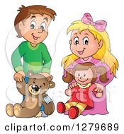 Poster, Art Print Of Happy Brunette Caucasian Boy And Blond Girl Holding A Teddy Bear And Doll