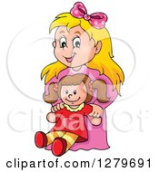 Happy Blond Caucasian Girl Holding A Doll