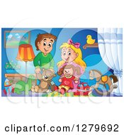 Happy Brunette Caucasian Boy And Blond Girl Playing With Toys In A Room