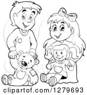 Poster, Art Print Of Happy Black And White Boy And Blond Girl Holding A Teddy Bear And Doll