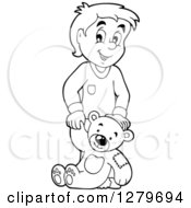 Clipart Of A Happy Black And White Boy Holding A Teddy Bear Royalty Free Vector Illustration