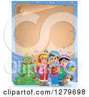 Clipart Of A Christmas Background Of A Dog And Children Singing Carols By A Christmas Tree Over An Aged Parchment Sign And Snow Royalty Free Vector Illustration