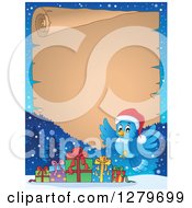 Poster, Art Print Of Christmas Background Of A Bluebird And Gifts Over An Aged Parchment Sign And Snow