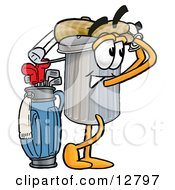 Poster, Art Print Of Garbage Can Mascot Cartoon Character Swinging His Golf Club While Golfing