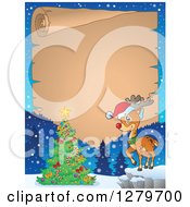 Poster, Art Print Of Christmas Background Of A Rudolph Reindeer And Christmas Tree Over An Aged Parchment Sign And Snow