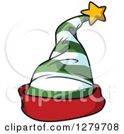 Green And White Striped Christmas Elf Hat With A Red Rim