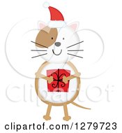 Poster, Art Print Of Happy Christmas Cat Wearing A Santa Hat And Holding A Gift