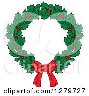 Clipart Of A Holly And Berry Christmas Wreath With A Red Bow Royalty Free Vector Illustration by Vector Tradition SM