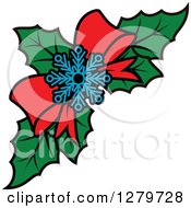 Clipart Of A Design Element Of A Snowflake And Bow Over Christmas Holly Royalty Free Vector Illustration