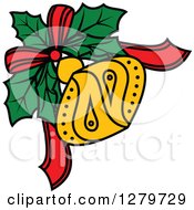 Clipart Of A Design Element Of A Yellow Bauble And Bow Over Christmas Holly Royalty Free Vector Illustration