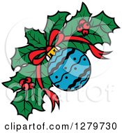 Clipart Of A Design Element Of A Blue Bauble And Bow Over Christmas Holly Royalty Free Vector Illustration
