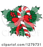 Poster, Art Print Of Christmas Candy Cane With A Bow Over Holly