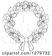 Clipart Of A Black And White Holly And Berry Christmas Wreath With A Bow Royalty Free Vector Illustration