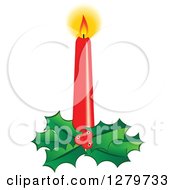 Poster, Art Print Of Lit Red Christmas Candle With A Bed Of Holly