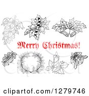 Clipart Of A Red Merry Christmas Greeting With Black And White Decor Items 2 Royalty Free Vector Illustration
