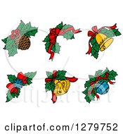 Design Elements Of A Snowflake Bell Pinecone And Baubles Over Christmas Holly