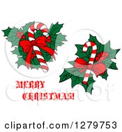 Clipart Of Merry Christmas Greeting With Candy Canes Over Holly Royalty Free Vector Illustration