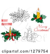 Clipart Of Merry Christmas Greetings With Candles And Holly Royalty Free Vector Illustration