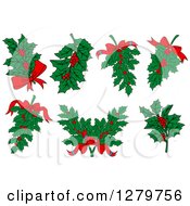 Clipart Of Christmas Holly And Bows Royalty Free Vector Illustration