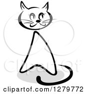 Poster, Art Print Of Black And White Sketched Sitting Cat And A Gray Shadow 2