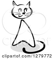Clipart Of A Black And White Sketched Sitting Cat And A Gray Shadow 2 Royalty Free Vector Illustration