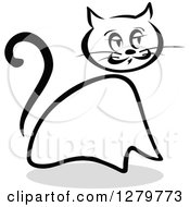 Clipart Of A Black And White Sketched Sitting Cat And A Gray Shadow 4 Royalty Free Vector Illustration