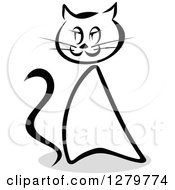 Clipart Of A Black And White Sketched Sitting Cat And A Gray Shadow 3 Royalty Free Vector Illustration