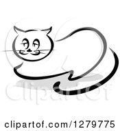 Clipart Of A Black And White Sketched Resting Cat And A Gray Shadow Royalty Free Vector Illustration