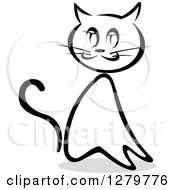Clipart Of A Black And White Sketched Sitting Cat And A Gray Shadow Royalty Free Vector Illustration