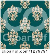 Poster, Art Print Of Seamless Background Design Pattern Of Tan Damask On Turquoise