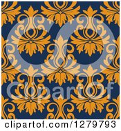 Poster, Art Print Of Seamless Background Design Pattern Of Orange Damask On Navy Blue