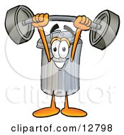 Garbage Can Mascot Cartoon Character Holding A Heavy Barbell Above His Head