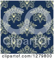Clipart Of A Seamless Pattern Background Of Yellow Lotus Henna Flowers On Navy Blue Royalty Free Vector Illustration