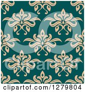 Clipart Of A Seamless Background Design Pattern Of Tan Floral On Teal Royalty Free Vector Illustration