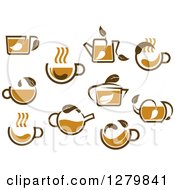 Clipart Of Leafy Brown Tea Cups And Kettles Royalty Free Vector Illustration