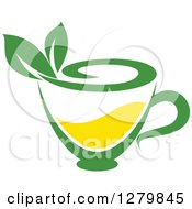 Clipart Of A Green And Yellow Tea Cup With Leaves 3 Royalty Free Vector Illustration