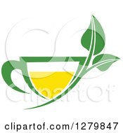 Clipart Of A Green And Yellow Tea Cup With Leaves 2 Royalty Free Vector Illustration