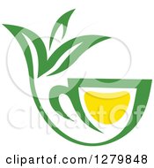 Clipart Of A Green And Yellow Tea Cup With Leaves 7 Royalty Free Vector Illustration