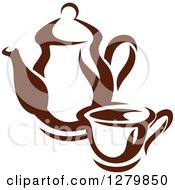 Clipart Of A Dark Brown And White Coffee Cup And Pot 2 Royalty Free Vector Illustration