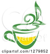 Clipart Of A Green And Yellow Tea Cup With Leaves 2 Royalty Free Vector Illustration