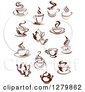 Poster, Art Print Of Dark Brown And White Steamy Coffee Cups And Pots
