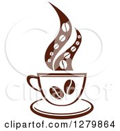 Poster, Art Print Of Dark Brown And White Steamy Coffee Cup With Beans And A Saucer