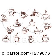 Poster, Art Print Of Dark Brown And White Steamy Coffee Cups Some With Saucers