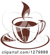Clipart Of A Dark Brown And White Steamy Coffee Cup On A Saucer Royalty Free Vector Illustration