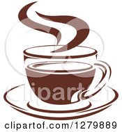 Clipart Of A Dark Brown And White Steamy Coffee Cup On A Saucer 2 Royalty Free Vector Illustration