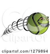 Clipart Of A Grinning Tennis Ball Character Flying To The Right Royalty Free Vector Illustration