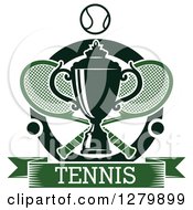 Clipart Of A Trophy Over Tennis Rackets And Balls With A Green Text Banner Royalty Free Vector Illustration