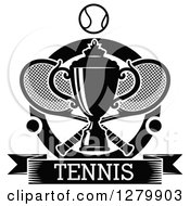 Clipart Of A Black And White Trophy Over Tennis Rackets And Balls With A Text Banner Royalty Free Vector Illustration