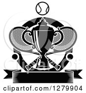 Clipart Of A Black And White Trophy Over Tennis Rackets And Balls With A Blank Ribbon Banner Royalty Free Vector Illustration