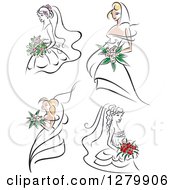 Poster, Art Print Of Sketched Brides With Pink And Red Flowers
